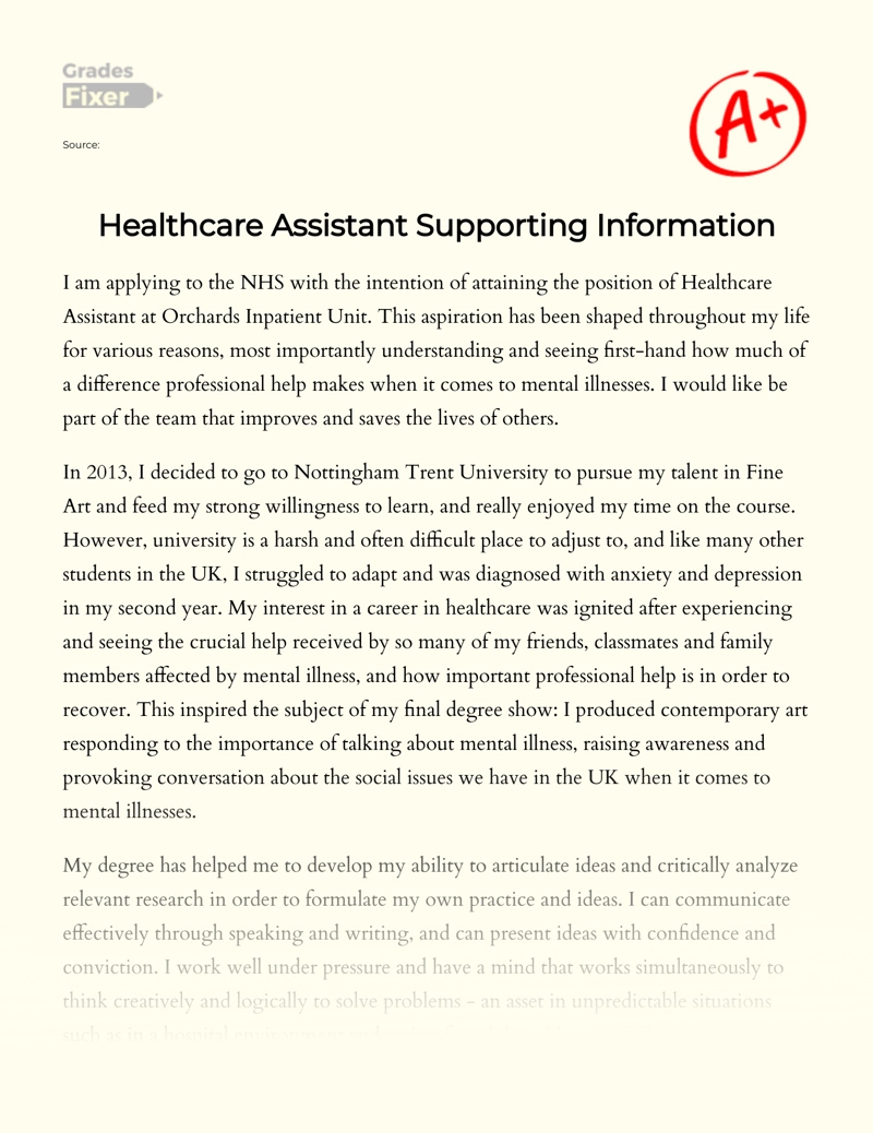 Healthcare Assistant Supporting Information  Essay