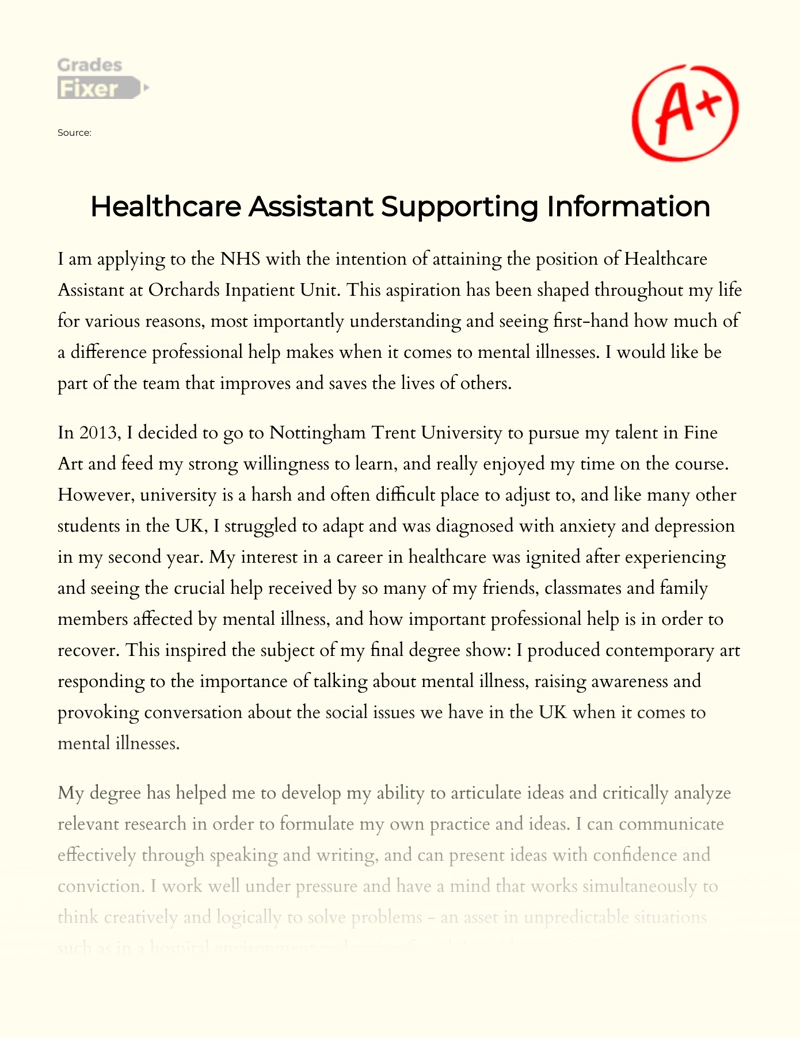 ideal health care assistant essay