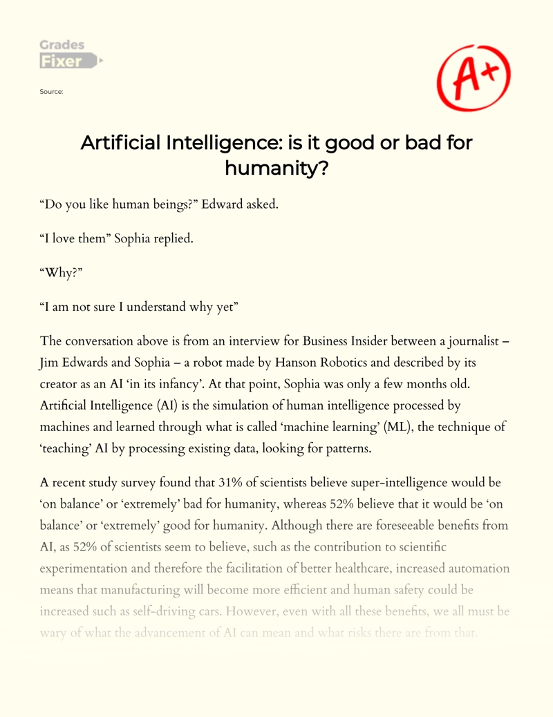 Artificial Intelligence: Good and Bad Effects for Humanity Essay