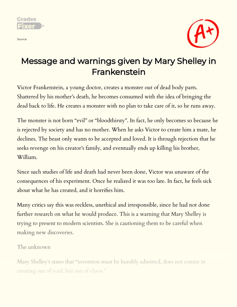 Message and Warnings Given by Mary Shelley in Frankenstein Essay