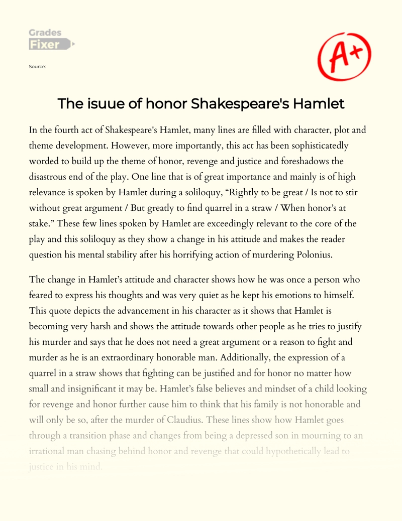 The Isuue of Honor Shakespeare's Hamlet Essay