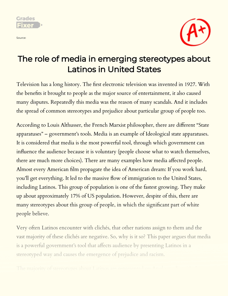 The Role of Media in Emerging Stereotypes About Latinos in United States Essay