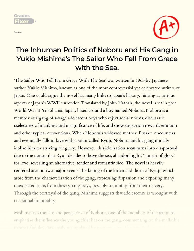 Inhuman Politics in Yukio Mishima's "The Sailor Who Fell from Grace with The Sea" Essay