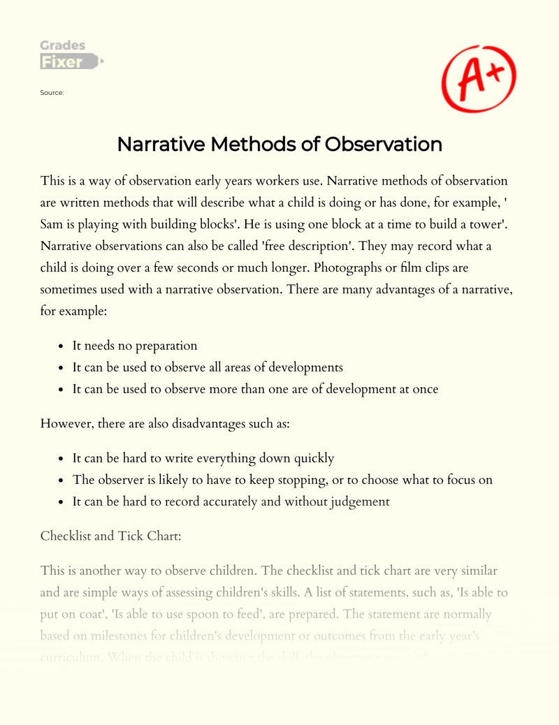 Narrative Methods of Observation: [Essay Example], 30 words