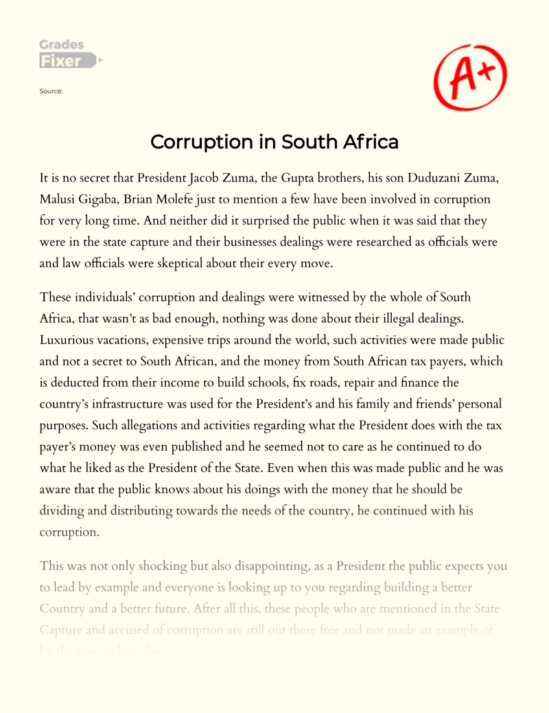 The Problem of Political Corruption in South Africa Essay