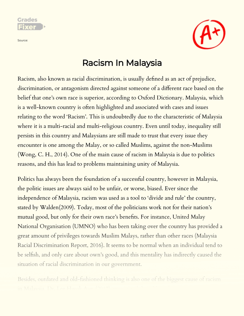 Racism in Malaysia Essay