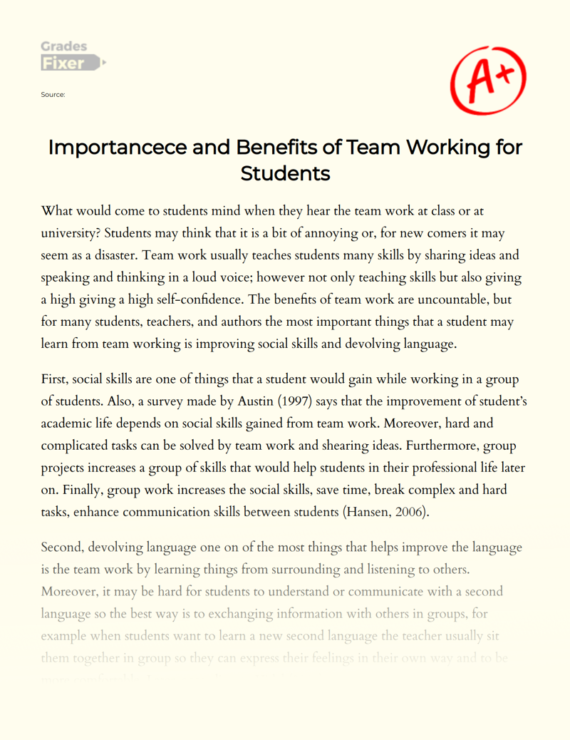 Importancece and Benefits of Team Working for Students Essay