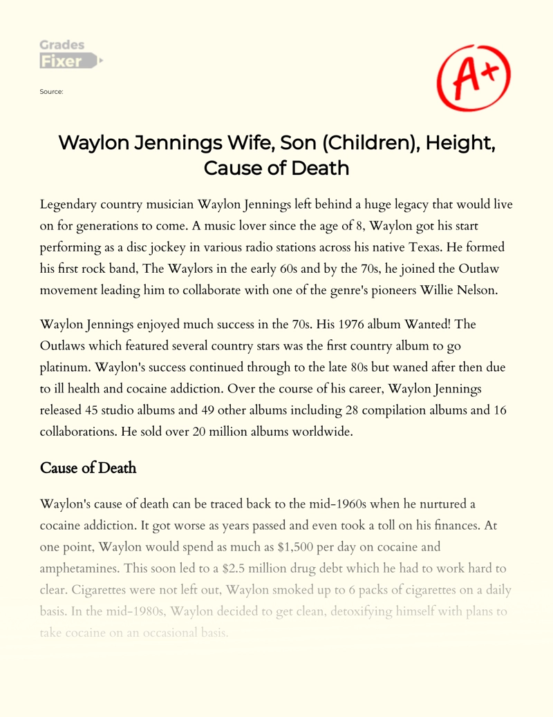 Waylon Jennings: Children, Wife and Cause of Death Essay