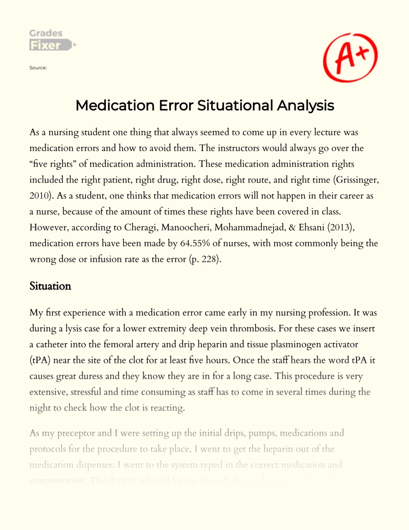 Medication Error Situational Analysis and Reflection Essay