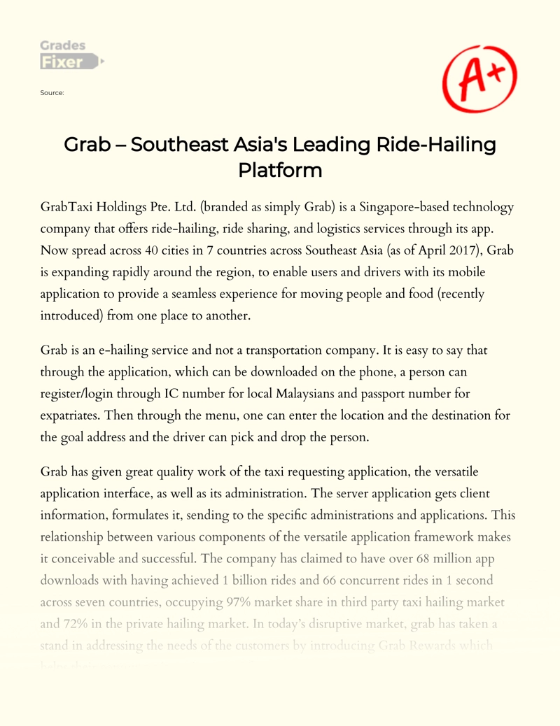  Grab – Southeast Asia's Leading Ride-hailing Platform Essay