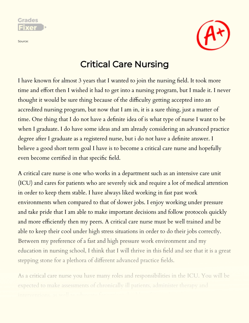 Why I Want to Be a Critical Care Nurse Essay