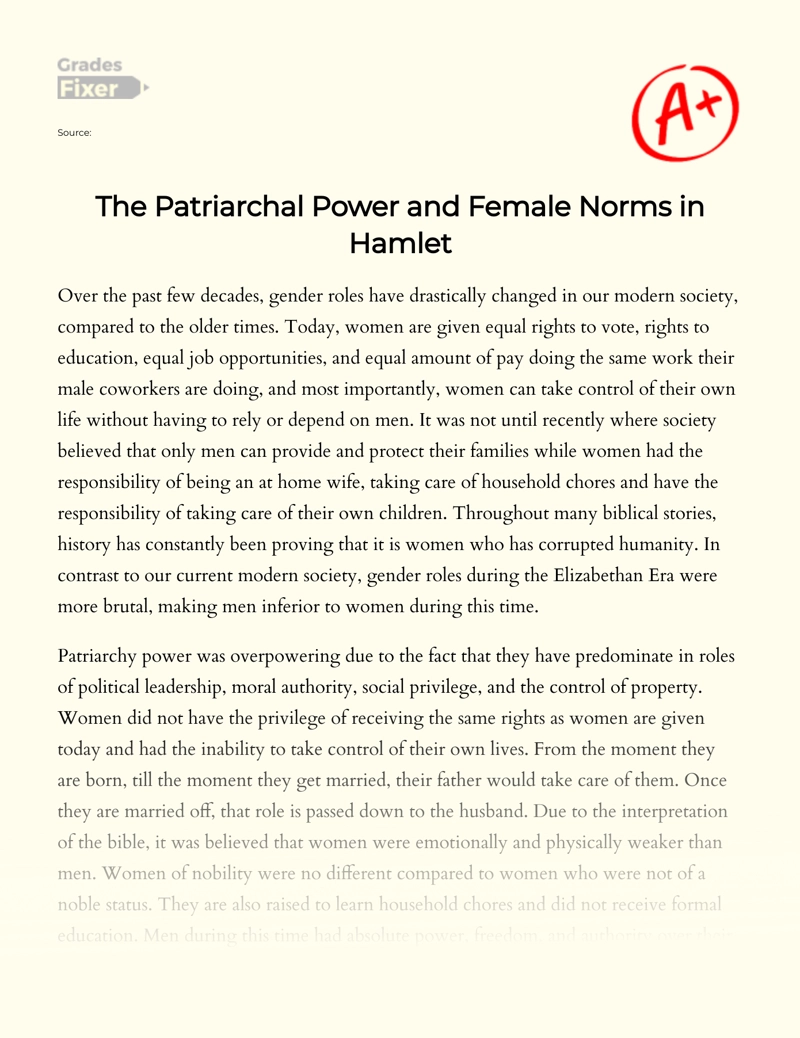 The Patriarchal Power and Female Norms in Hamlet essay