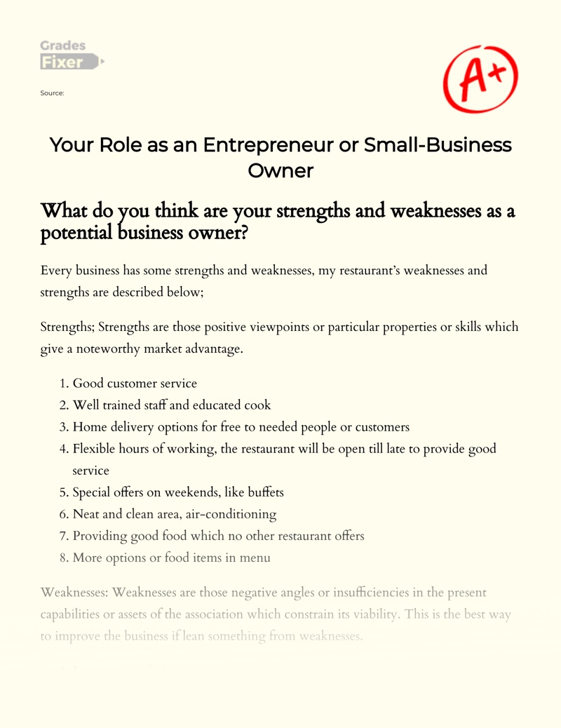 Your Role as an Entrepreneur Or Small-business Owner  Essay