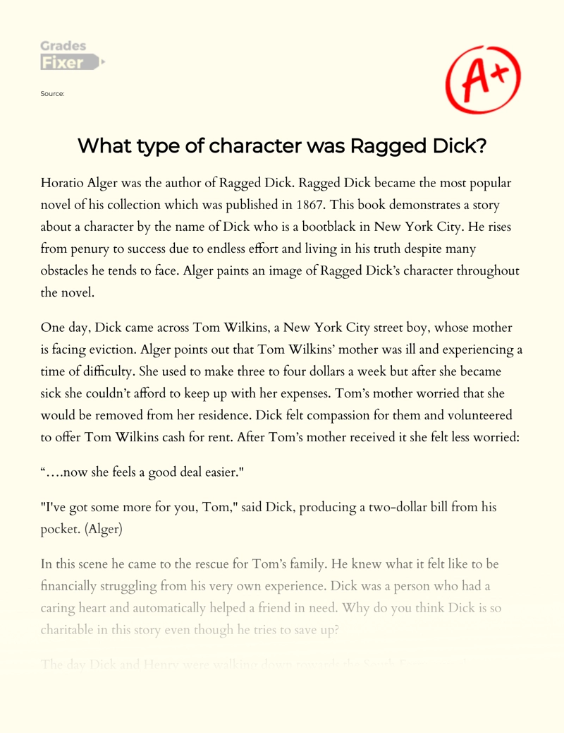 Analysis of Ragged Dick’s Type of Character Essay