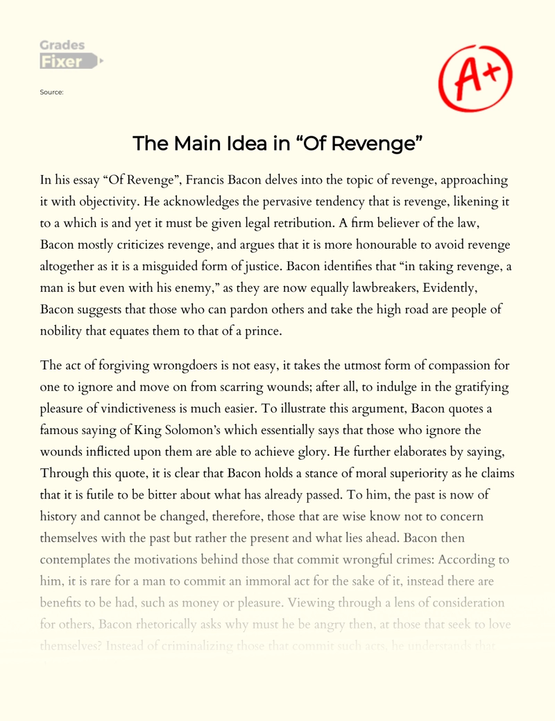 The Main Idea in "Of Revenge" by Francis Bacon essay