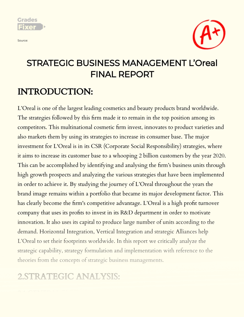 Strategic Business Management L’oreal Final Report Essay