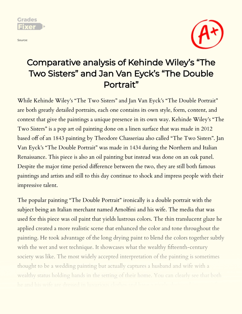  Comparative Analysis of Kehinde Wiley’s "The Two Sisters" and Jan Van Eyck’s "The Double Portrait"  essay