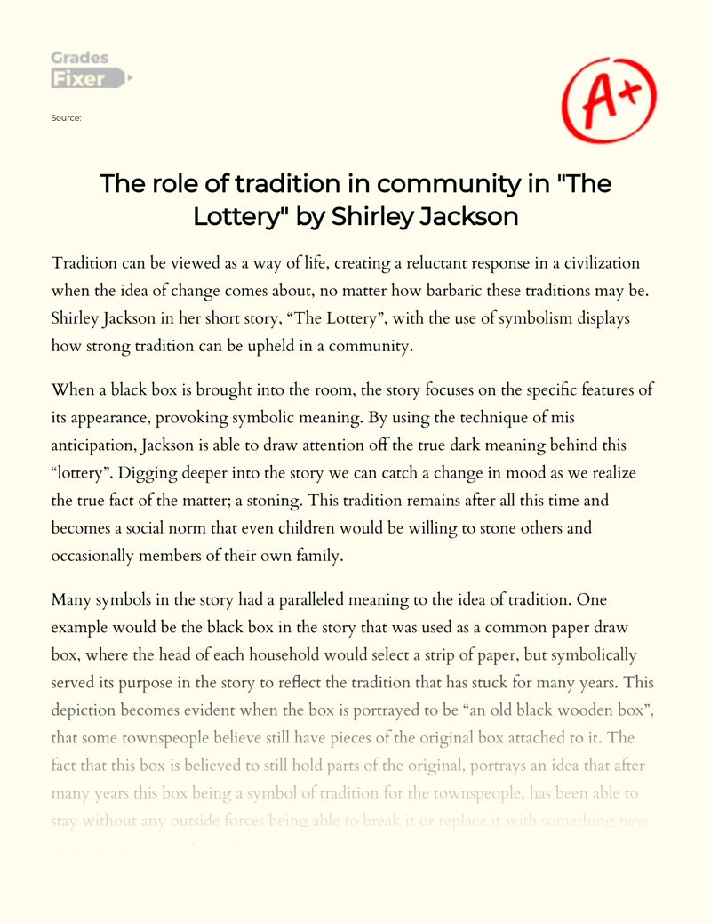 The Role of Tradition in Community in "The Lottery" by Shirley Jackson Essay