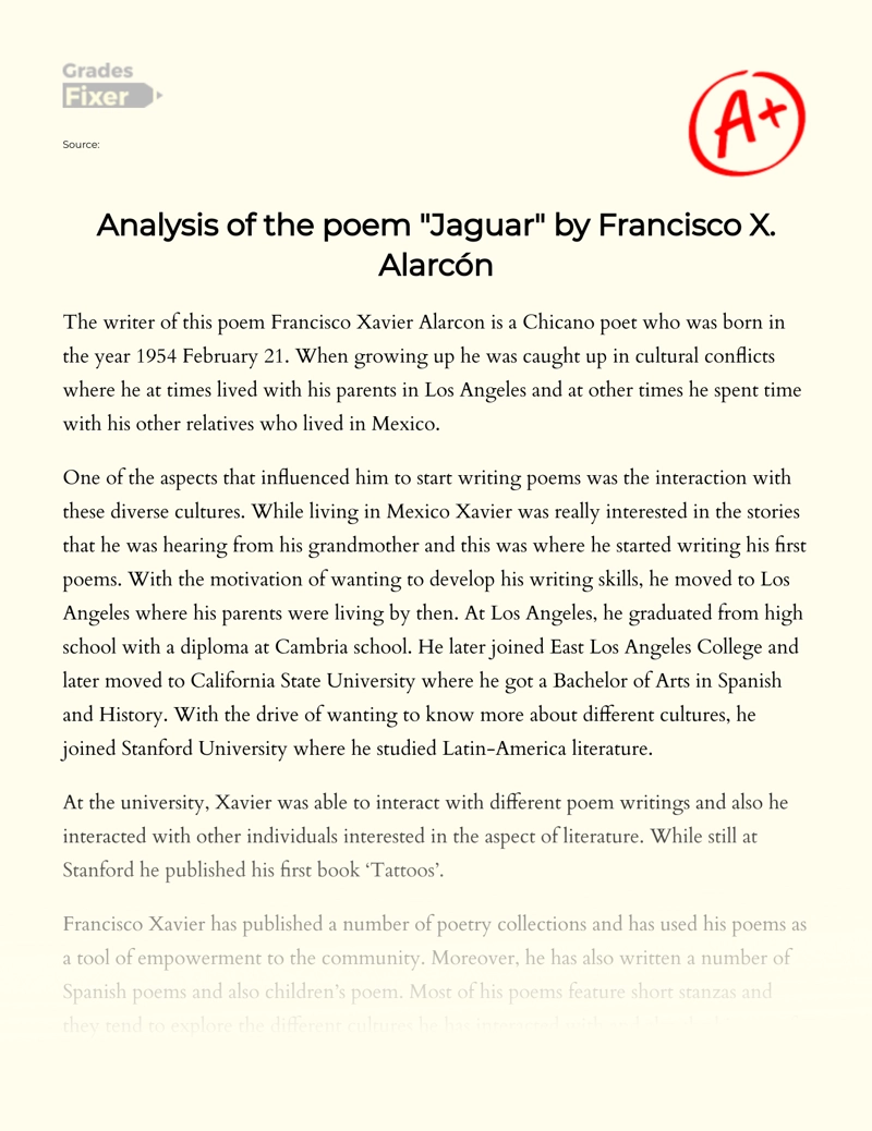 Analysis of The Poem "Jaguar" by Francisco X. Alarcón Essay