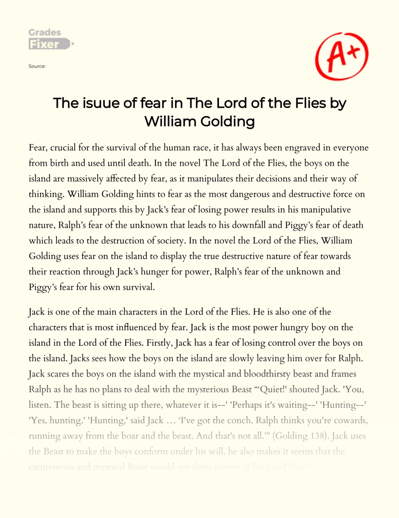 The Issue of Fear in The Lord of The Flies by William Golding essay