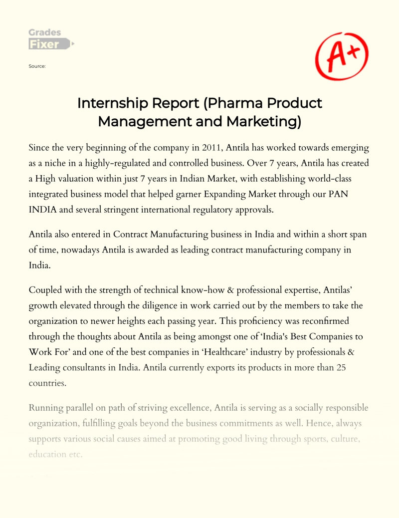 Internship Report: Pharma Product Management and Marketing Essay