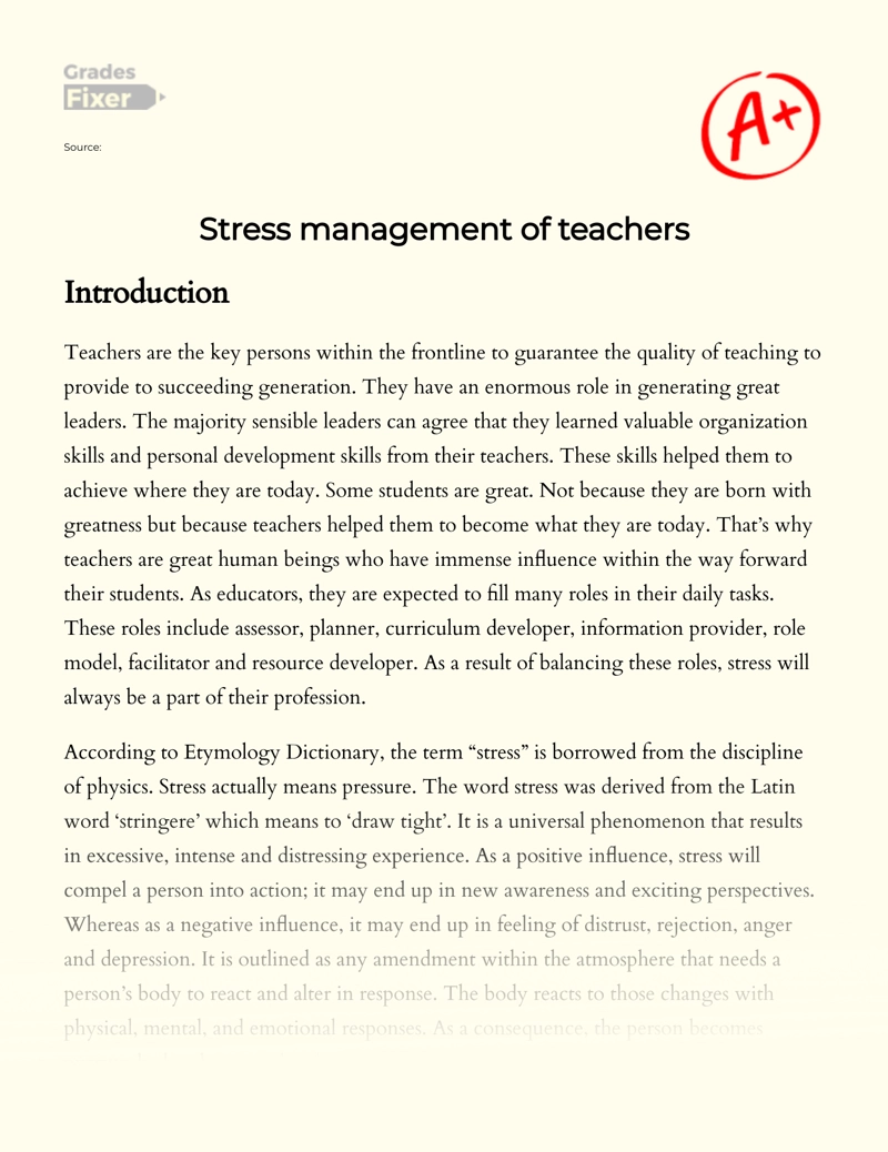 Stress Management of Teachers Essay