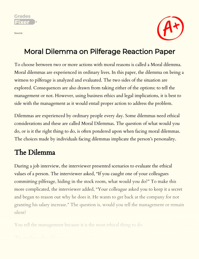 Moral Dilemma on Pilferage Reaction Paper essay