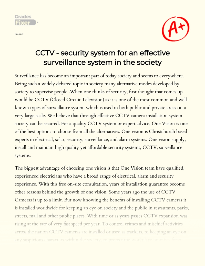 Cctv - Security System for an Effective Surveillance System in The Society  Essay