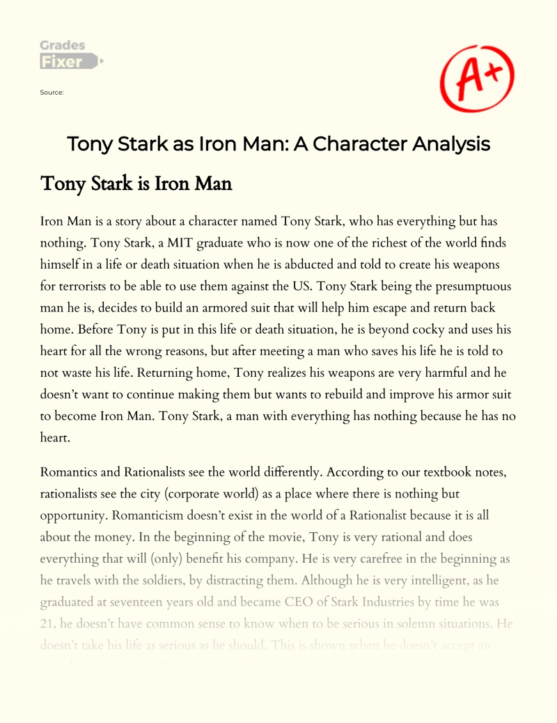 Tony Stark as Iron Man: a Character Analysis Essay