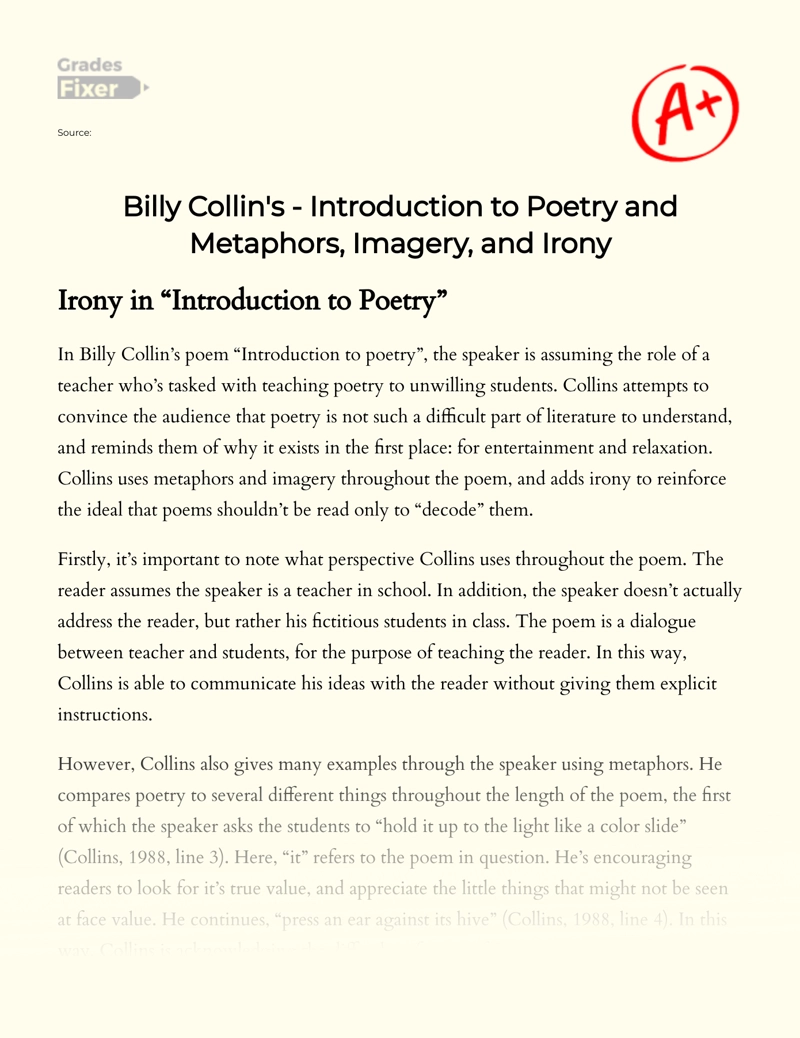 Billy Collins' Introduction to Poetry: Metaphors, Imagery, and Irony Essay