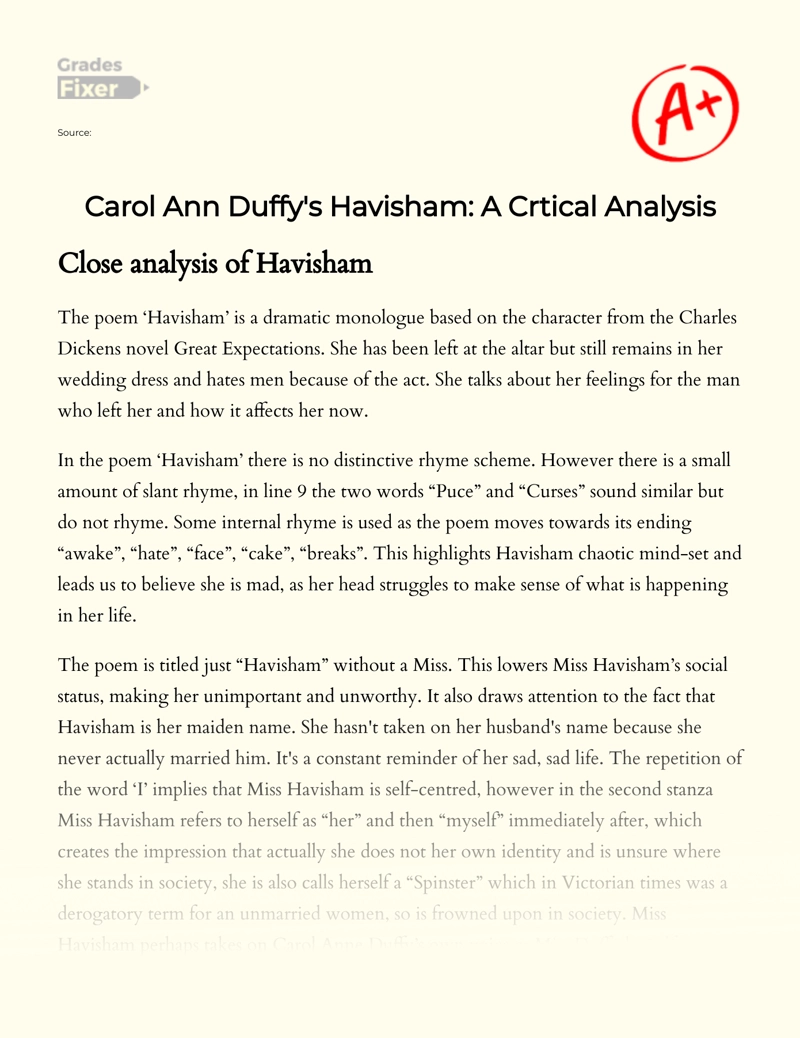 Carol Ann Duffy's Havisham: a Critical Analysis Essay