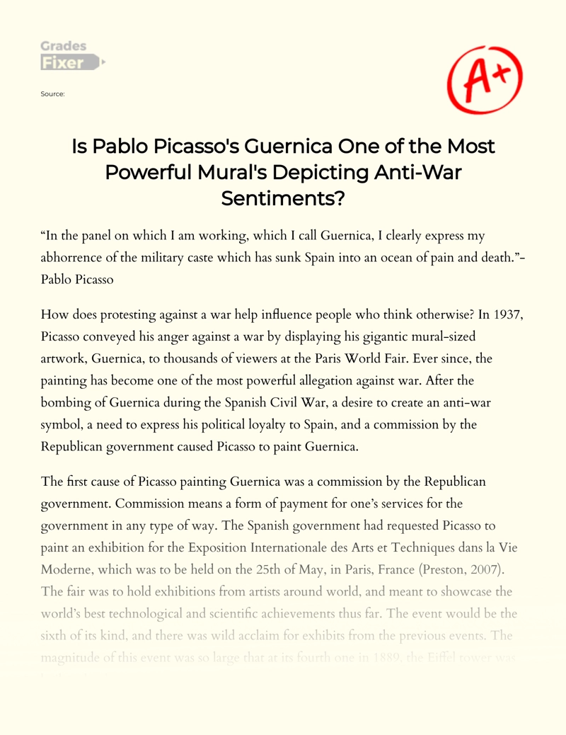 Pablo Picasso's Guernica as One of The Most Powerful Murals Depicting Anti-war Sentiments Essay