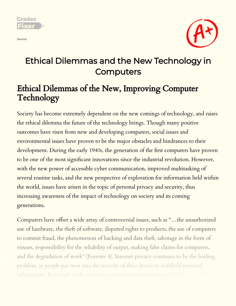 Ethical Dilemmas and The New Technology in Computers essay