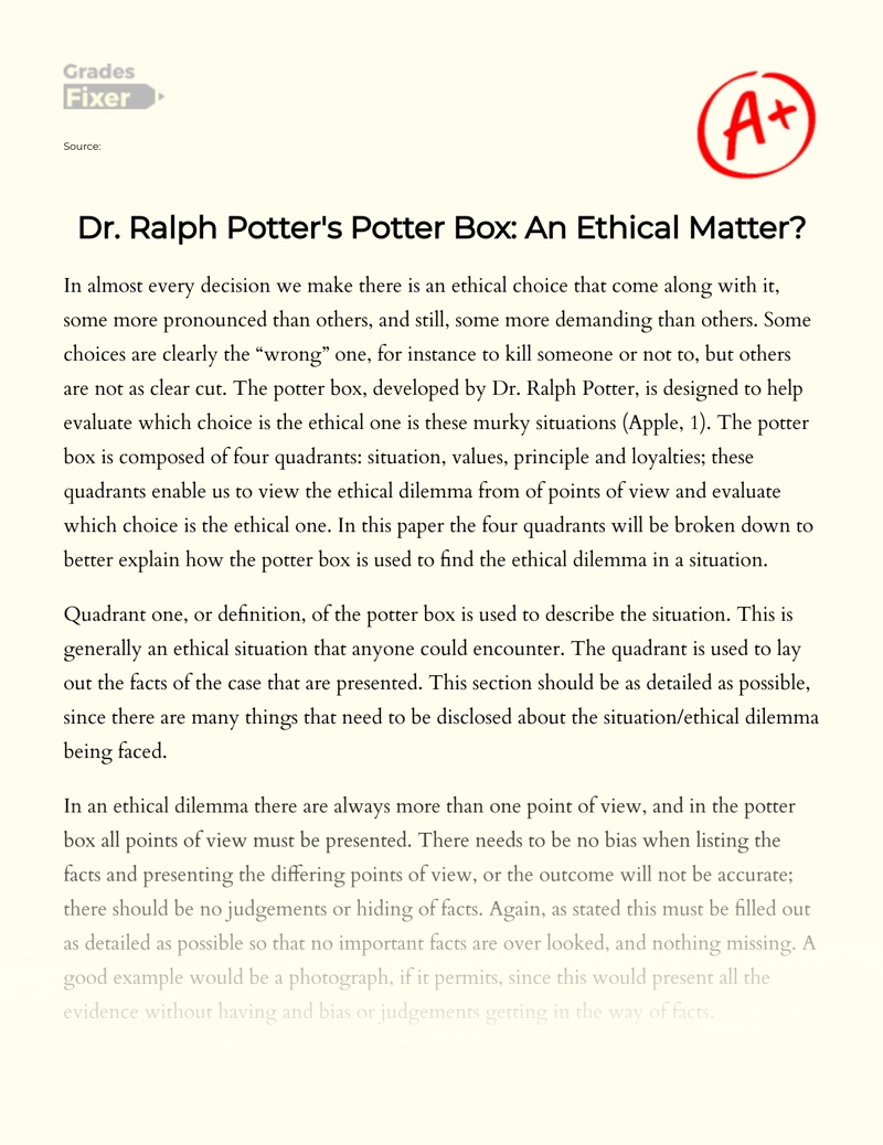 An Ethical Matter of Dr. Ralph Potter's Potter Box Essay