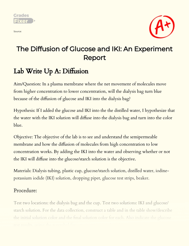 The Diffusion of Glucose and Iki: an Experiment Report Essay