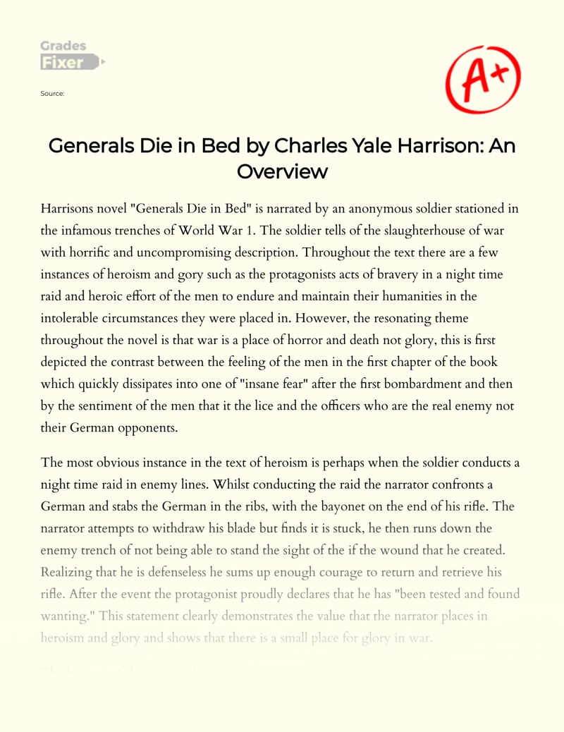 Generals Die in Bed by Charles Yale Harrison: an Overview Essay