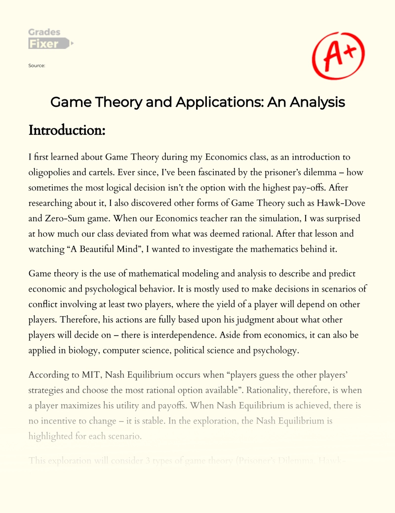 Game Theory and Applications: an Analysis Essay