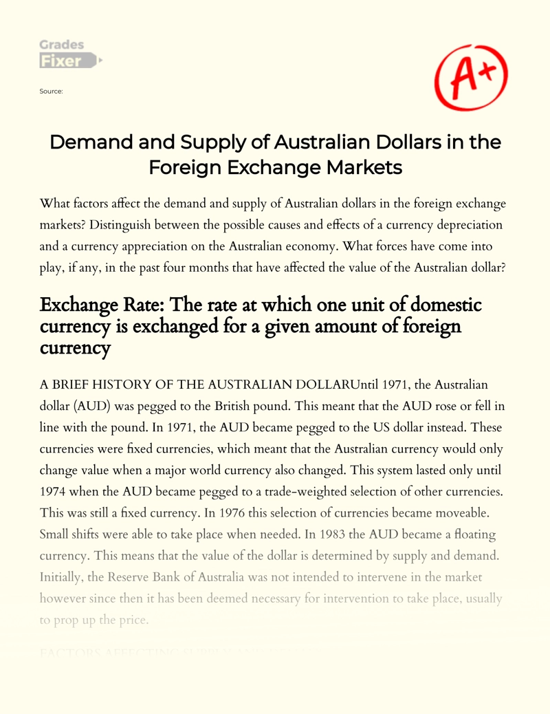 Demand and Supply of Australian Dollars in The Foreign Exchange Markets essay