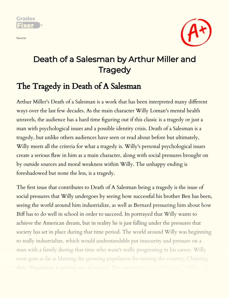 Death of a Salesman by Arthur Miller and Tragedy Essay