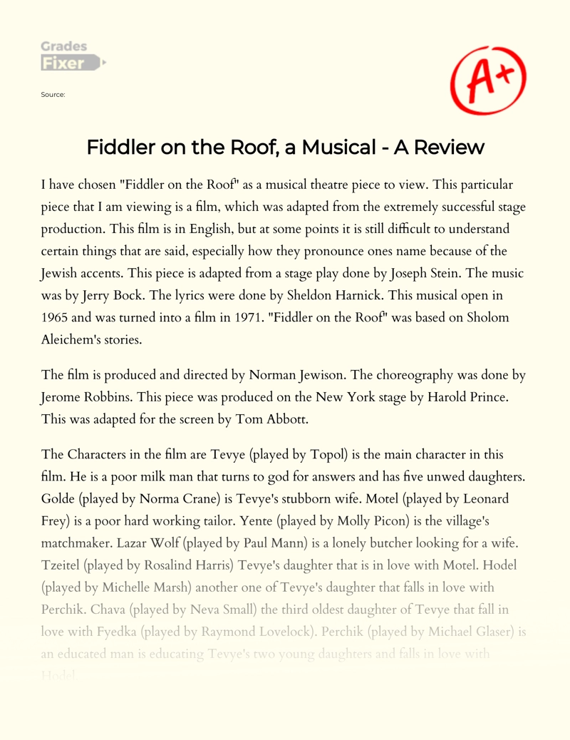 Fiddler on The Roof, a Musical - a Review essay