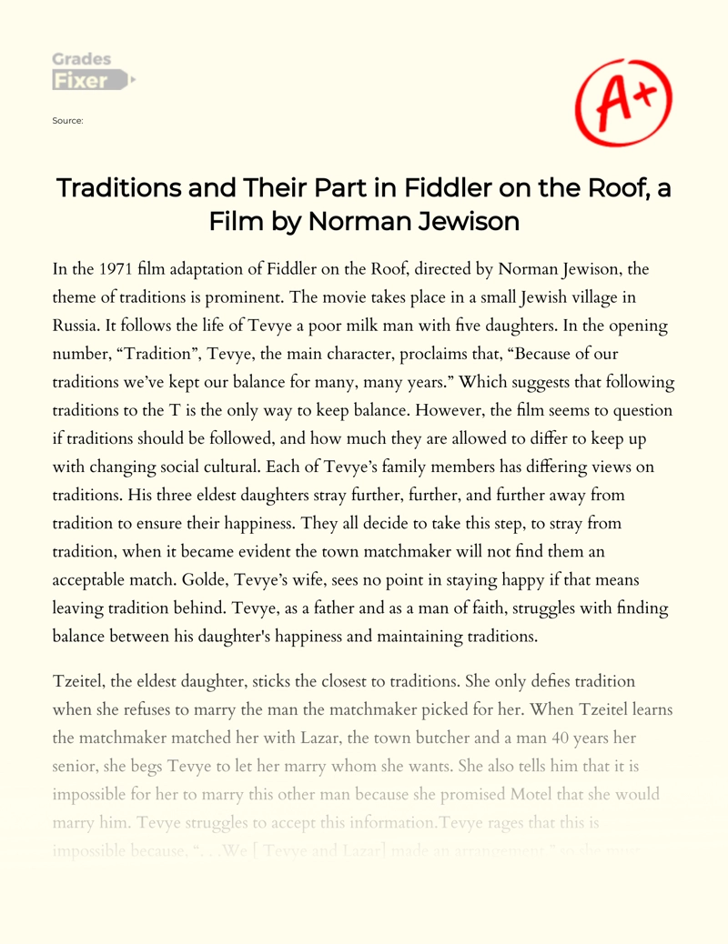 Traditions and Their Part in Fiddler on The Roof, a Film by Norman Jewison essay
