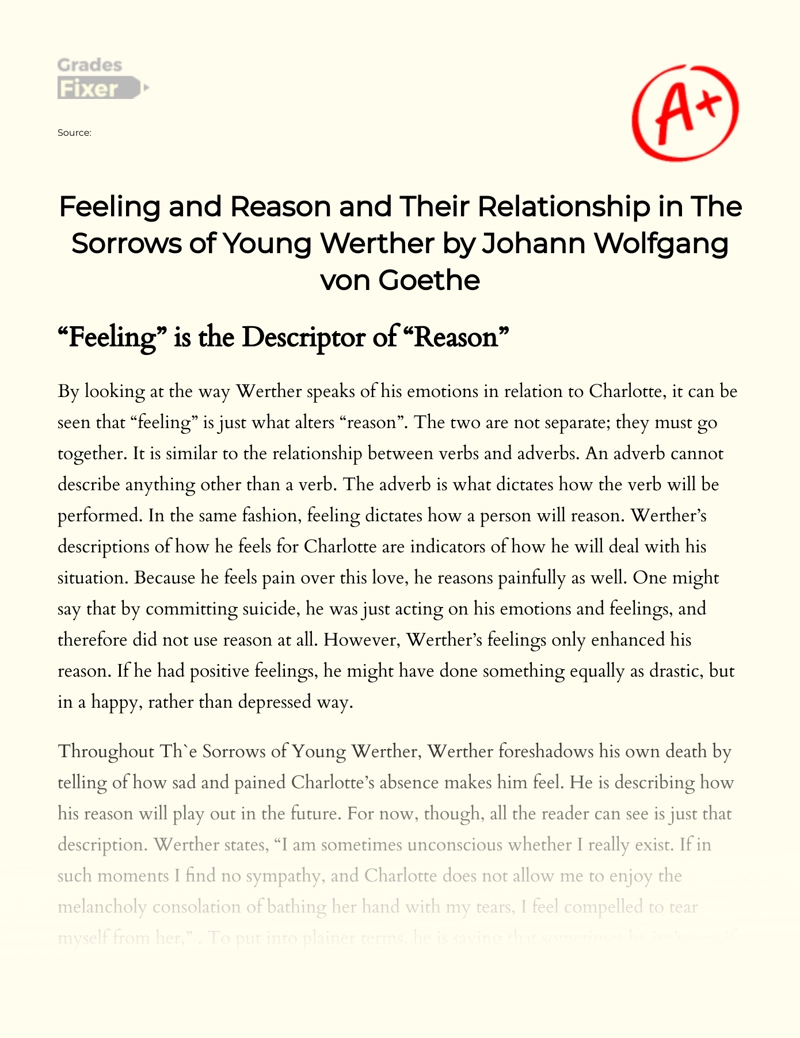 Feeling and Reason and Their Relationship in The Sorrows of Young Werther by Johann Wolfgang Von Goethe Essay