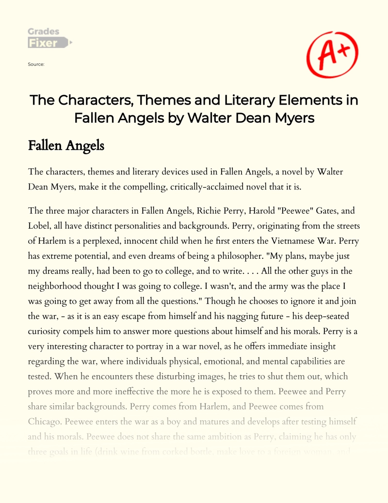 The Characters, Themes and Literary Elements in Fallen Angels by Walter Dean Myers Essay