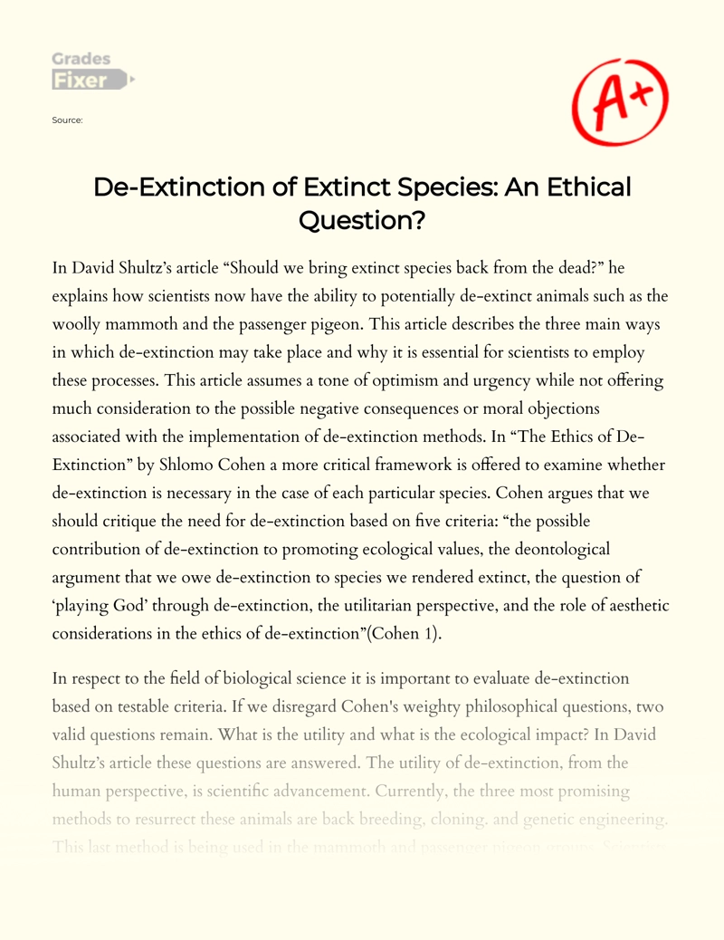 An Ethical Question of De-extinction of Extinct Species essay