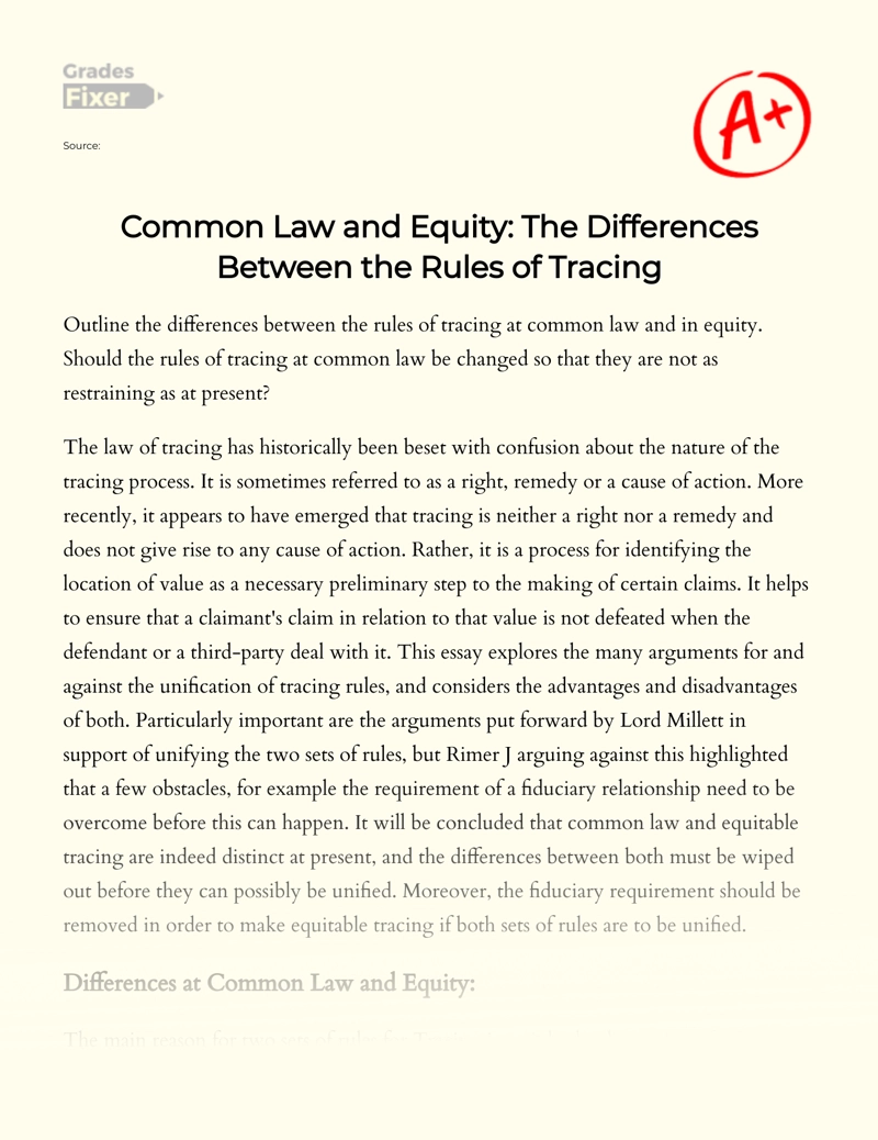 Common Law and Equity: The Differences Between The Rules of Tracing essay