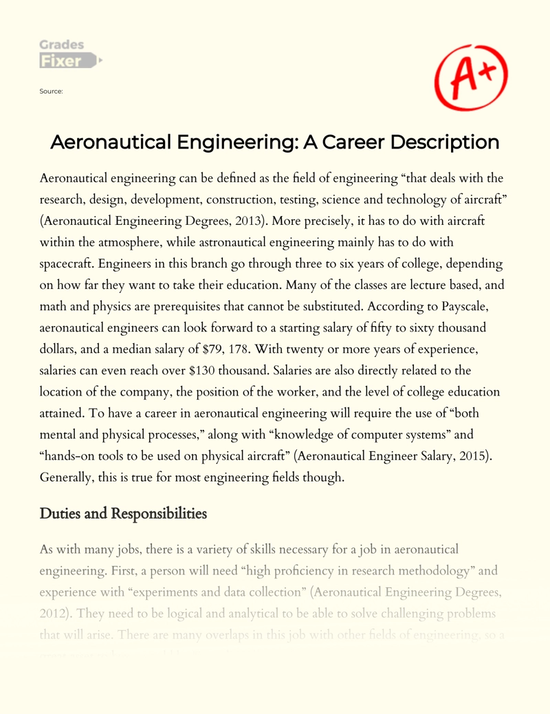 Aeronautical Engineering: a Career Description Essay