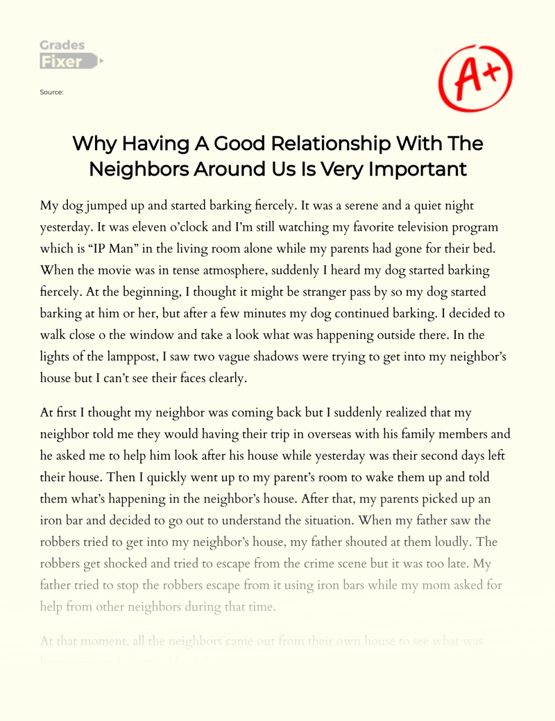 Why Having a Good Relationship with The Neighbors Around Us is Very Important Essay