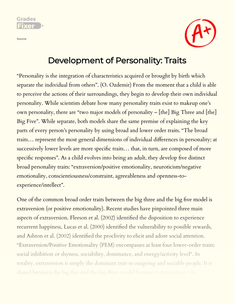 Development of Personality: The Big 5 Personality Traits Essay