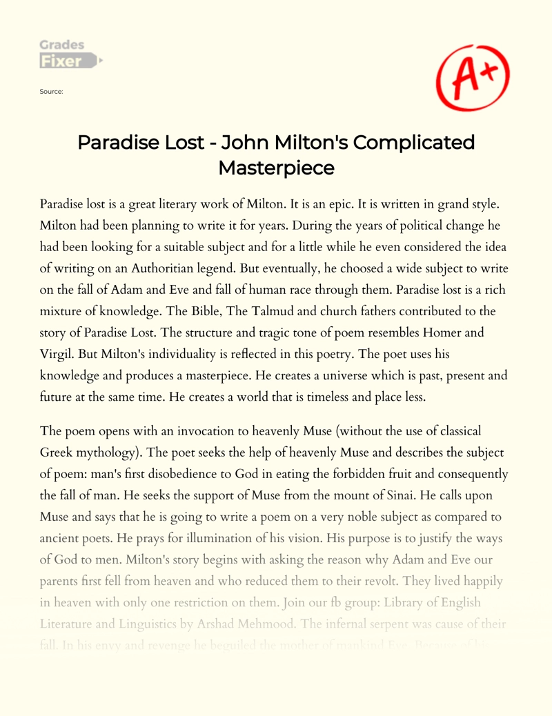 Paradise Lost - John Milton's Complicated Masterpiece Essay