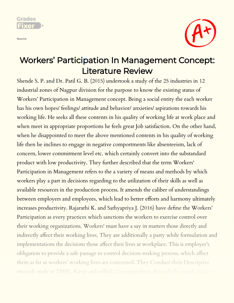 Workers’ Participation in Management Concept: Literature Review Essay
